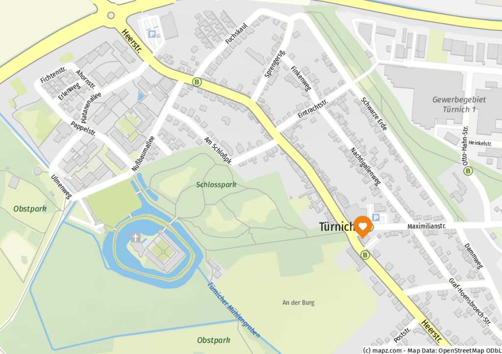 Karte mit markiertem Standort der Kinderarztpraxis in Türnich, nahe einer Parkanlage.